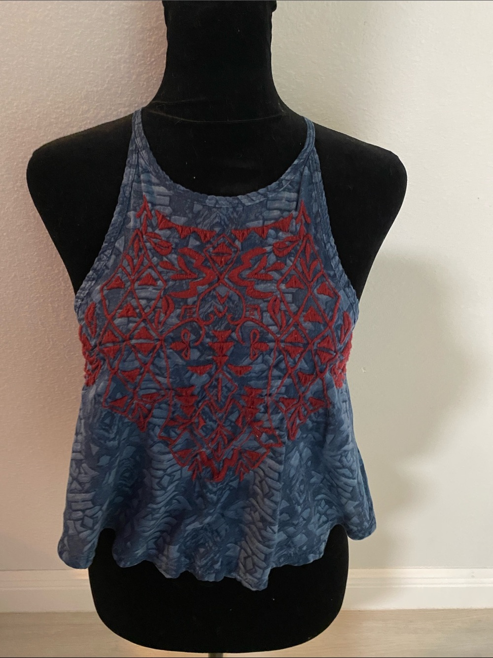 Blue Embroidered Halter Camisole with Red Front Detail